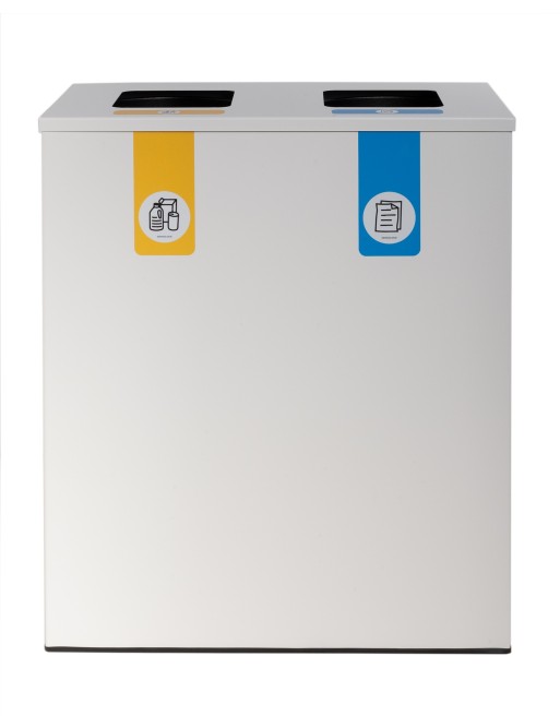Poubelle de recyclage métallique blanche avec couvercle rabattable et 2 compartiments de 35 L – Capacité totale de 70 litres Poubelle de recyclage métallique blanche avec couvercle rabattable et 2 compartiments de 35 L – Capacité totale de 70 litres