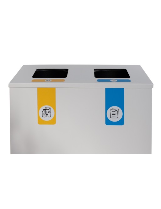 Poubelle de recyclage métallique blanche avec couvercle rabattable et 2 compartiments de 35 L – Capacité totale de 70 litres Poubelle de recyclage métallique blanche avec couvercle rabattable et 2 compartiments de 35 L – Capacité totale de 70 litres
