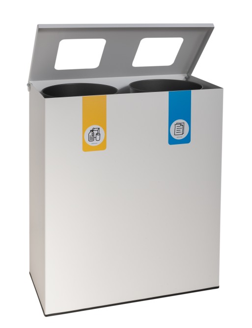 Poubelle de recyclage métallique blanche avec couvercle rabattable et 2 compartiments de 35 L – Capacité totale de 70 litres Poubelle de recyclage métallique blanche avec couvercle rabattable et 2 compartiments de 35 L – Capacité totale de 70 litres