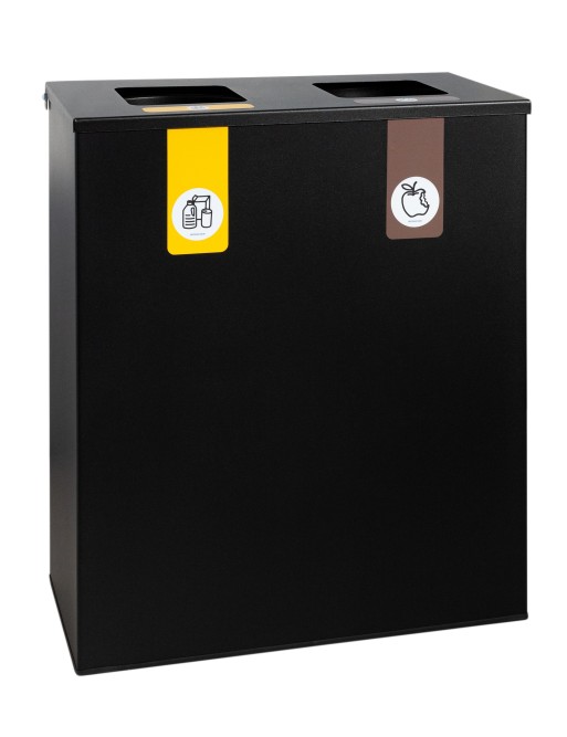 Poubelle de recyclage métallique noire avec couvercle rabattable et 2 compartiments – Capacité totale de 70 litres