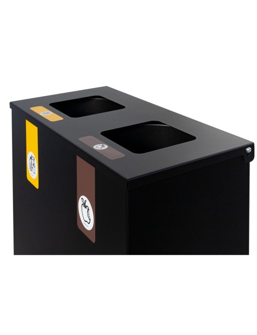 Papelera de reciclaje metálica negra con tapa abatible y 2 compartimentos – 70 litros de capacidad total Papelera de reciclaje metálica negra con tapa abatible y 2 compartimentos – 70 litros de capacidad total