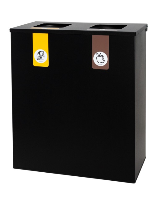 Papelera de reciclaje metálica negra con tapa abatible y 2 compartimentos – 70 litros de capacidad total Papelera de reciclaje metálica negra con tapa abatible y 2 compartimentos – 70 litros de capacidad total