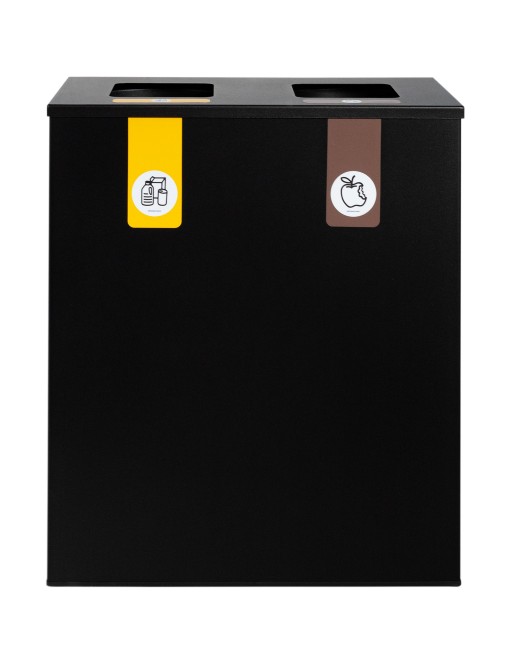 Papelera de reciclaje metálica negra con tapa abatible y 2 compartimentos – 70 litros de capacidad total Papelera de reciclaje metálica negra con tapa abatible y 2 compartimentos – 70 litros de capacidad total