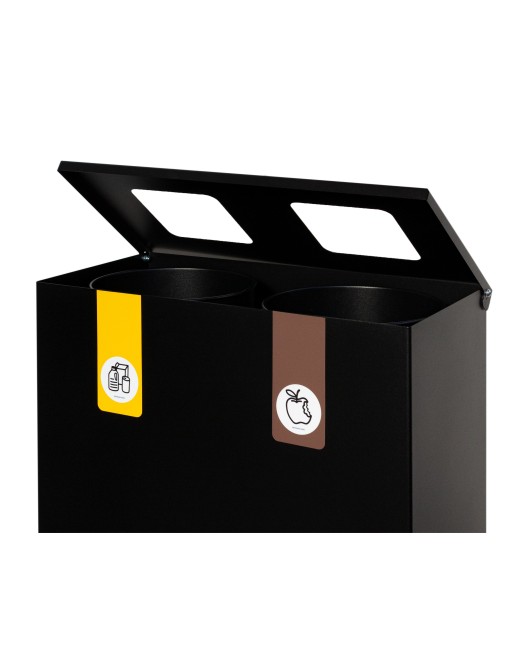 Papelera de reciclaje metálica negra con tapa abatible y 2 compartimentos – 70 litros de capacidad total Papelera de reciclaje metálica negra con tapa abatible y 2 compartimentos – 70 litros de capacidad total