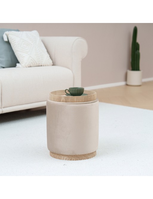 POUF MODÈLE EN VELOURS BEIGE AVEC RANGEMENT ET PLATEAU POUF MODÈLE EN VELOURS BEIGE AVEC RANGEMENT ET PLATEAU
