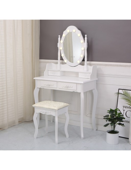 SCHMINKTISCH MIT HOCKER UND LED-LEUCHTEN MODELL CHARM WEISS