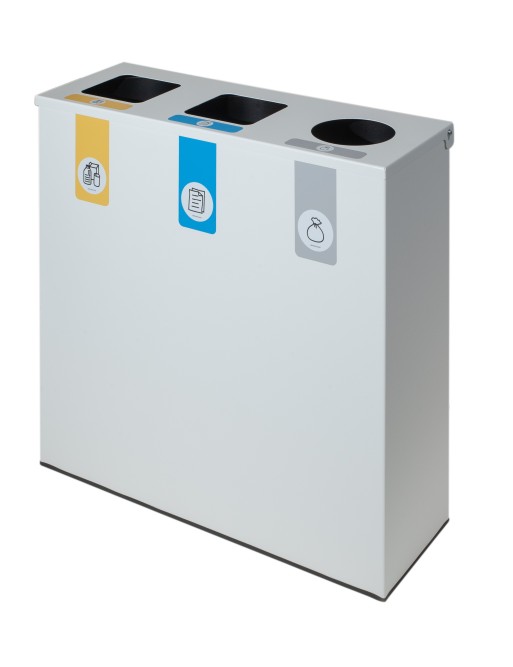 Weiße Metall-Recyclingbehälter mit Klappdeckel und 3 Fächern à 26 L – Gesamtkapazität 78 Liter Weiße Metall-Recyclingbehälter mit Klappdeckel und 3 Fächern à 26 L – Gesamtkapazität 78 Liter