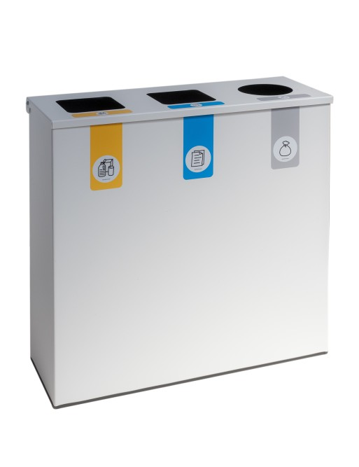 Weiße Metall-Recyclingbehälter mit Klappdeckel und 3 Fächern à 26 L – Gesamtkapazität 78 Liter Weiße Metall-Recyclingbehälter mit Klappdeckel und 3 Fächern à 26 L – Gesamtkapazität 78 Liter