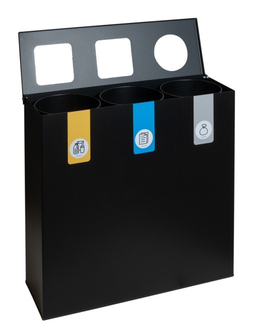 Poubelle de recyclage métallique noire avec couvercle rabattable et 3 compartiments de 26 L – Capacité totale de 78 litres Poubelle de recyclage métallique noire avec couvercle rabattable et 3 compartiments de 26 L – Capacité totale de 78 litres