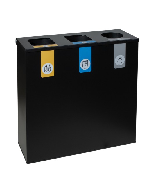 Papelera de reciclaje metálica negra con tapa abatible y 3 compartimentos de 26L – 78 litros de capacidad total Papelera de reciclaje metálica negra con tapa abatible y 3 compartimentos de 26L – 78 litros de capacidad total