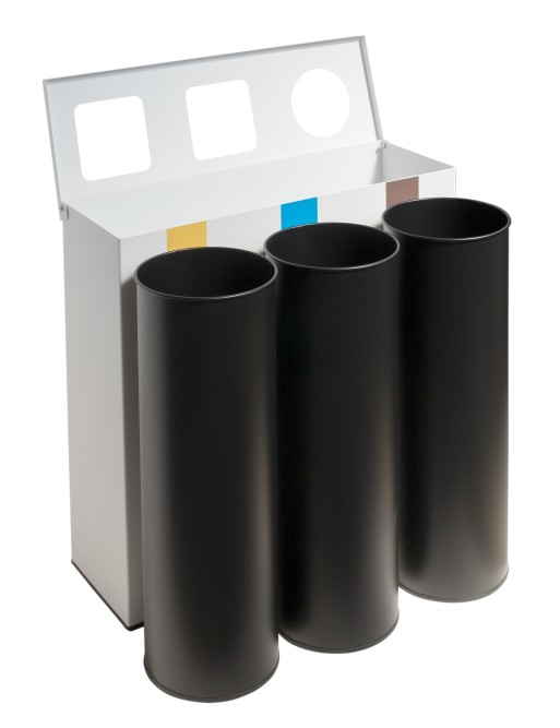 White metal recycling bin with flip lid and 3 compartments – Total capacity of 78 litres