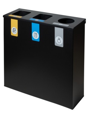 Poubelle de recyclage métallique noire avec couvercle rabattable et 3 compartiments de 26 L – Capacité totale de 78 litres