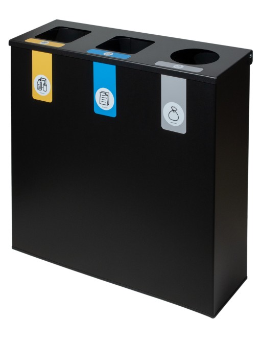 Papelera de reciclaje metálica negra con tapa abatible y 3 compartimentos de 26L – 78 litros de capacidad total Papelera de reciclaje metálica negra con tapa abatible y 3 compartimentos de 26L – 78 litros de capacidad total