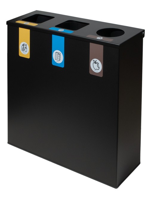 Papelera de reciclaje metálica negra con tapa abatible y 3 compartimentos – 78 litros de capacidad total Papelera de reciclaje metálica negra con tapa abatible y 3 compartimentos – 78 litros de capacidad total