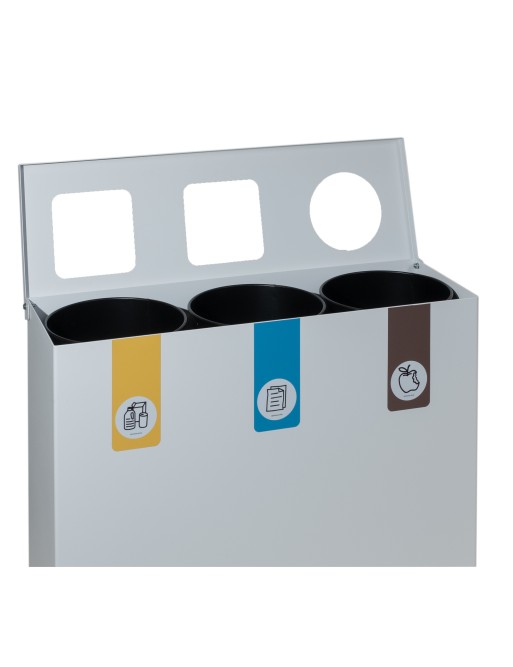 White metal recycling bin with flip lid and 3 compartments – Total capacity of 78 litres
