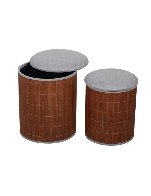 SET OF 2 BAMBOO GRAY POUF BAGS WITH STORAGE