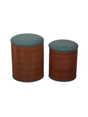 LOT DE 2 POUFS AVEC RANGEMENT AVEC COUVERCLE VERT MODÈLE BAMBOU NATUREL