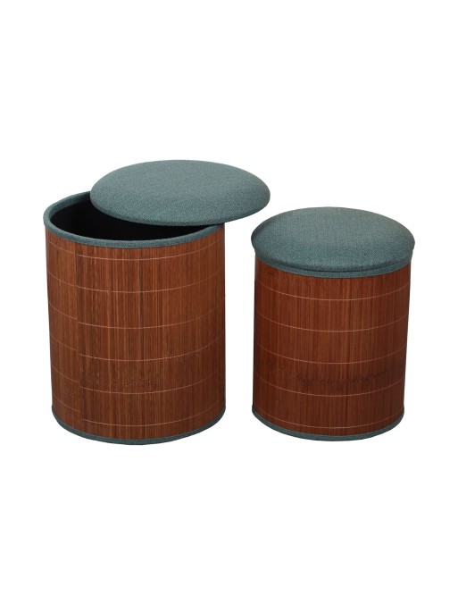SET DE 2 PUFF CON ALMACENAJE CON TAPA VERDE MODELO BAMBÚ NATURAL
