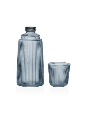 BOUTEILLE EN VERRE RAYÉ BLEU AVEC VERRE