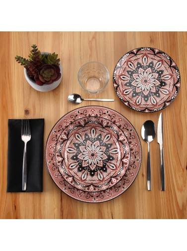 SET DE VAISSELLE AVEC 18 PIÈCES MODÈLE MANDALA ROSE