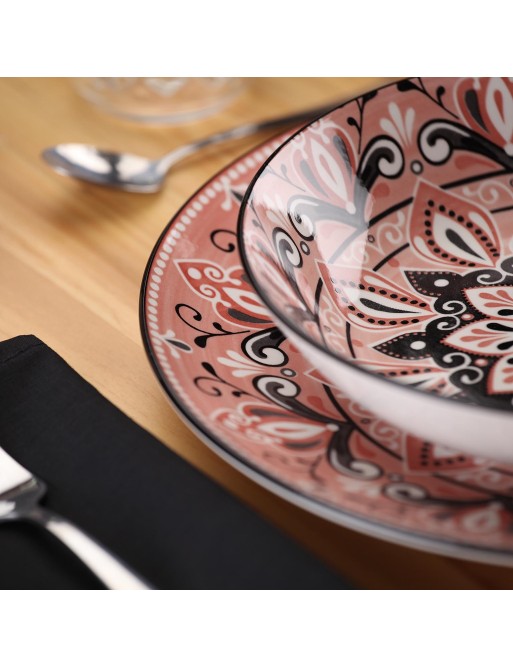 TABLEWARE SET WITH 18 PIECES PINK MANDALA MODEL