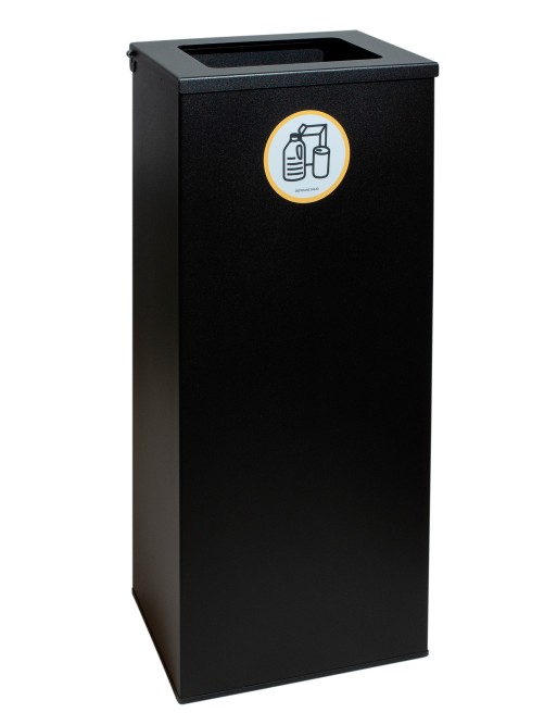 Schwarze Metall-Recycling-Tonne 76 Liter mit schwarzem Deckel und Beutelhalterring