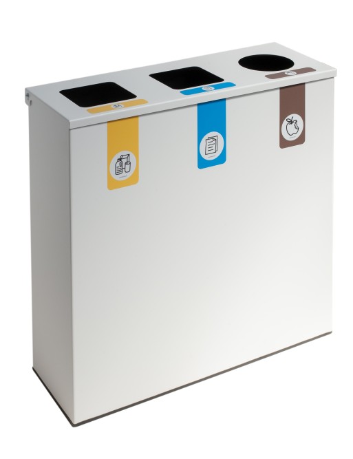 Poubelle de recyclage métallique blanche avec couvercle rabattable et 3 compartiments de 26 L – Capacité totale de 78 litres Poubelle de recyclage métallique blanche avec couvercle rabattable et 3 compartiments de 26 L – Capacité totale de 78 litres