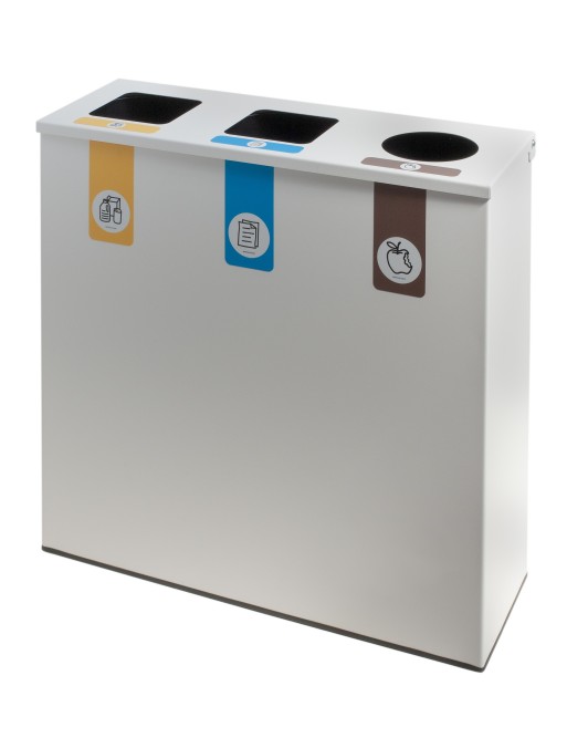 Weiße Metall-Recyclingbehälter mit Klappdeckel und 3 Fächern à 26 L – Gesamtkapazität 78 Liter Weiße Metall-Recyclingbehälter mit Klappdeckel und 3 Fächern à 26 L – Gesamtkapazität 78 Liter