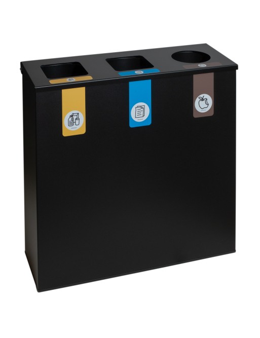 Schwarzer Metall-Recyclingbehälter mit Klappdeckel und 3 Fächern à 26 L – Gesamtkapazität 78 Liter Schwarzer Metall-Recyclingbehälter mit Klappdeckel und 3 Fächern à 26 L – Gesamtkapazität 78 Liter