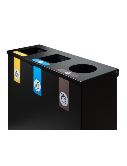 Schwarzer Metall-Recyclingbehälter mit Klappdeckel und 3 Fächern à 26 L – Gesamtkapazität 78 Liter Schwarzer Metall-Recyclingbehälter mit Klappdeckel und 3 Fächern à 26 L – Gesamtkapazität 78 Liter