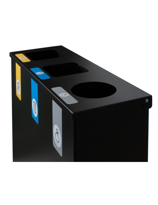 Schwarzer Metall-Recyclingbehälter mit Klappdeckel und 3 Fächern – Gesamtkapazität 78 Liter Schwarzer Metall-Recyclingbehälter mit Klappdeckel und 3 Fächern – Gesamtkapazität 78 Liter