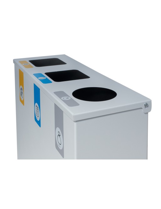 White metal recycling bin with flip lid and 3 compartments – Total capacity of 78 litres
