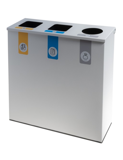 Poubelle de recyclage métallique blanche avec couvercle rabattable et 3 compartiments – Capacité totale de 78 litres