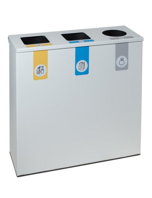 Weißer Metall-Recyclingbehälter mit Klappdeckel und 3 Fächern – Gesamtkapazität 78 Liter Weißer Metall-Recyclingbehälter mit Klappdeckel und 3 Fächern – Gesamtkapazität 78 Liter