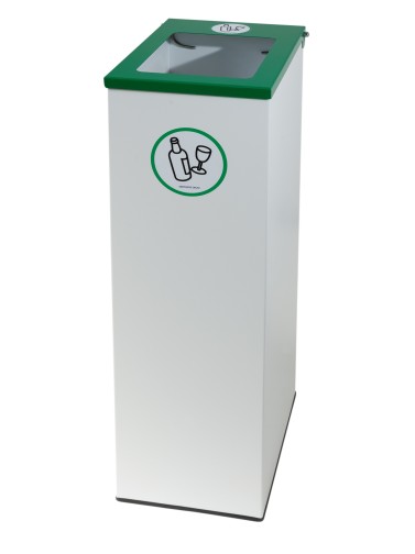 Papelera de reciclaje metálica blanca con tapa abatible, aro sujeta bolsas y 70 litros de capacidad