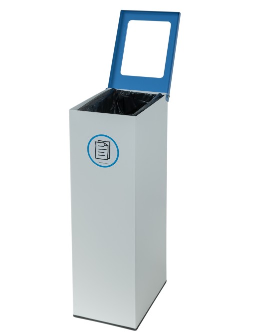 White metal recycling bin with flip lid, bag holder ring and 70-litre capacity