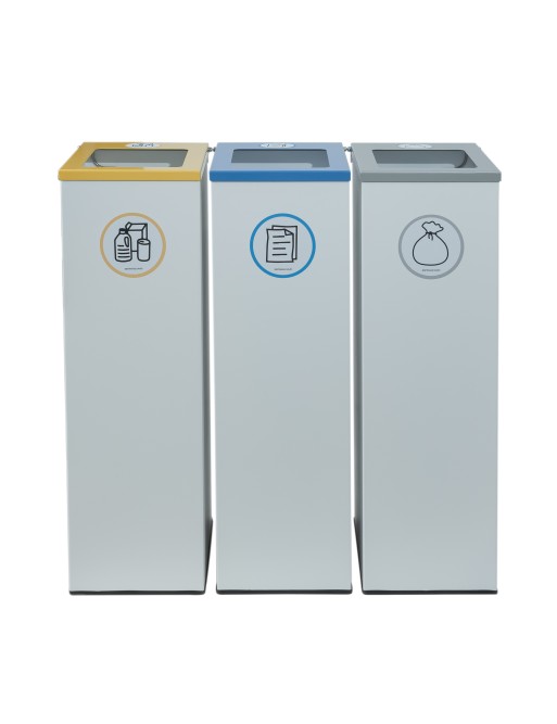 Poubelle de recyclage métallique blanche avec couvercle rabattable, anneau porte-sac et capacité de 70 litres Poubelle de recyclage métallique blanche avec couvercle rabattable, anneau porte-sac et capacité de 70 litres