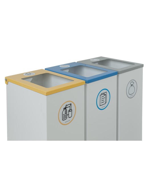 Papelera de reciclaje metálica blanca con tapa abatible, aro sujeta bolsas y 70 litros de capacidad