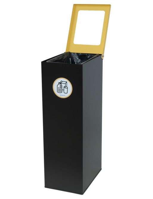 Black metal recycling bin with flip lid, bag holder ring and 70-litre capacity Black metal recycling bin with flip lid, bag holder ring and 70-litre capacity