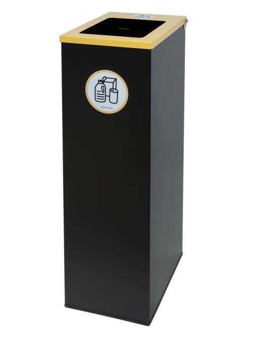 Black metal recycling bin with flip lid, bag holder ring and 70-litre capacity Black metal recycling bin with flip lid, bag holder ring and 70-litre capacity