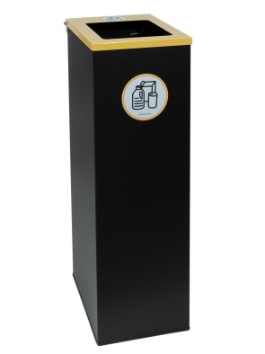 Poubelle de recyclage métallique noire avec couvercle rabattable, anneau porte-sac et capacité de 70 litres