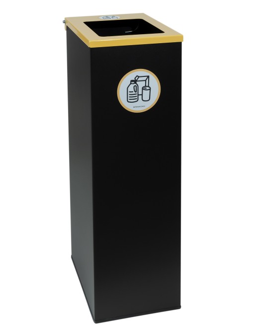 Poubelle de recyclage métallique noire avec couvercle rabattable, anneau porte-sac et capacité de 70 litres Poubelle de recyclage métallique noire avec couvercle rabattable, anneau porte-sac et capacité de 70 litres