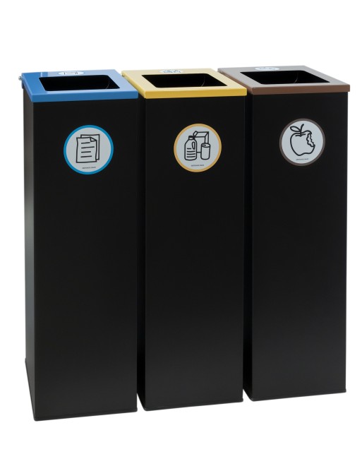 Black metal recycling bin with flip lid, bag holder ring and 70-litre capacity Black metal recycling bin with flip lid, bag holder ring and 70-litre capacity