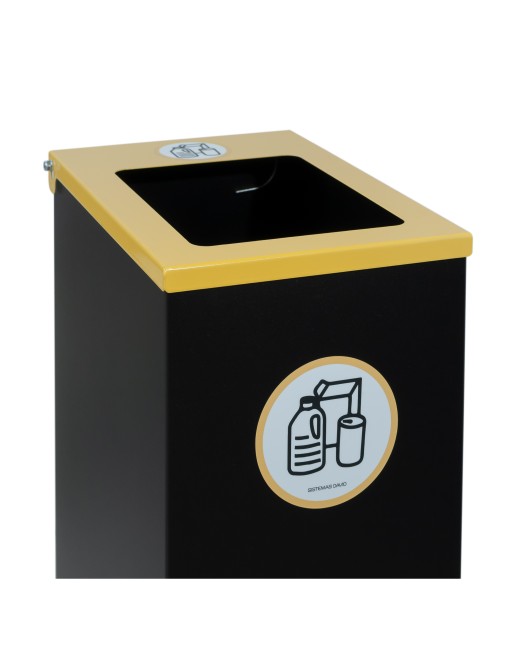 Papelera de reciclaje metálica negra con tapa abatible, aro sujeta bolsas y 70 litros de capacidad