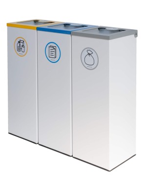 Lot de 3 bacs de recyclage en métal de 44L avec couvercle rabattable – Îlot de recyclage pour 3 flux