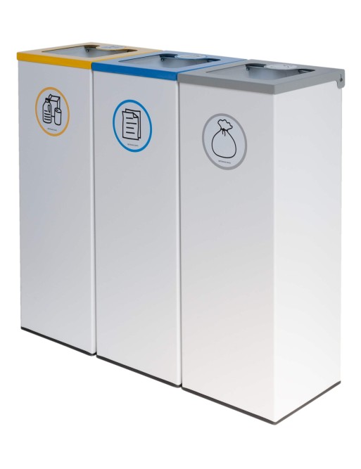 Pack of 3 44L metal recycling bins with flip-top lid - three-stream recycling station