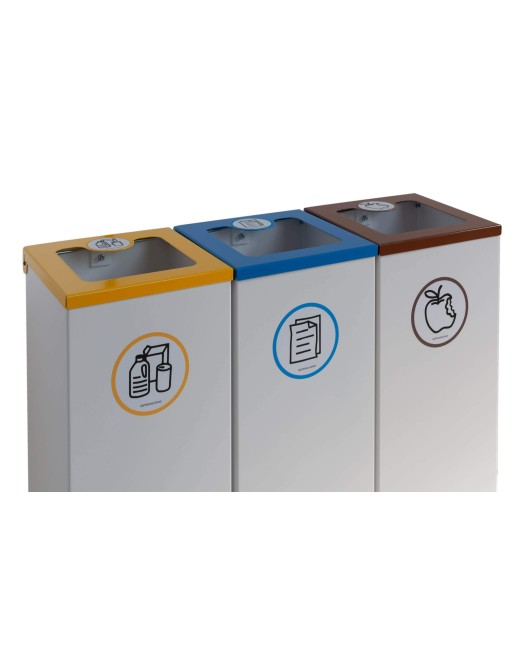 Pack of 3 44L metal recycling bins with flip-top lid - three-stream recycling station