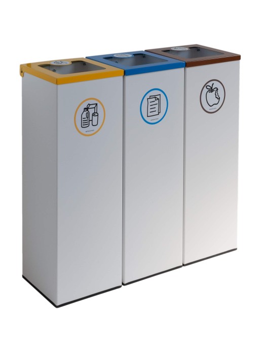 Pack of 3 44L metal recycling bins with flip-top lid - three-stream recycling station