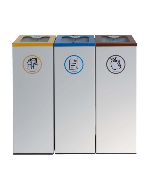 Pack of 3 44L metal recycling bins with flip-top lid - three-stream recycling station