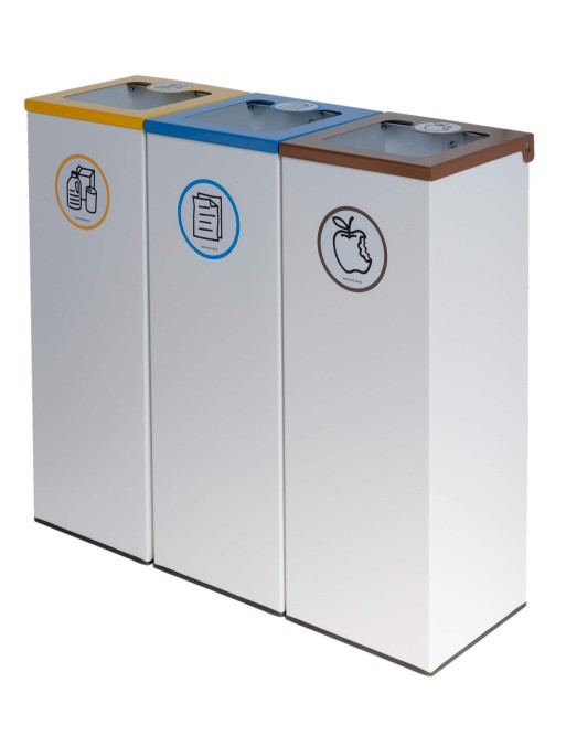Pack of 3 44L metal recycling bins with flip-top lid - three-stream recycling station